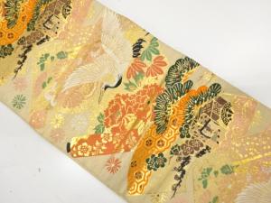 アンティーク　鶴に巻物・御所車模様織り出し丸帯（材料）